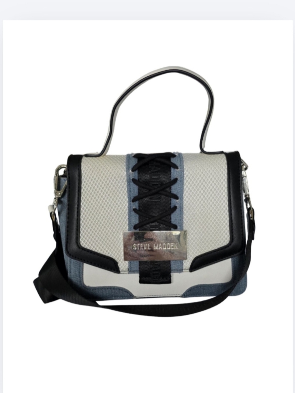 Steve Madden BDALI Purse Denim Black Satchel Mesh Faux-Leather Crossbody Kitsch